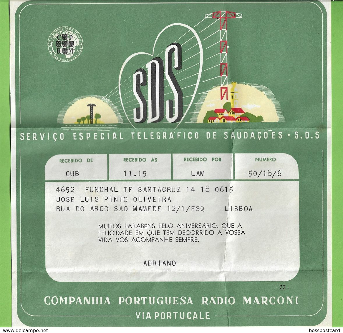 História Postal - Funchal - Telegrama - Rádio Marconi - Telegram - Madeira - Portugal - Storia Postale