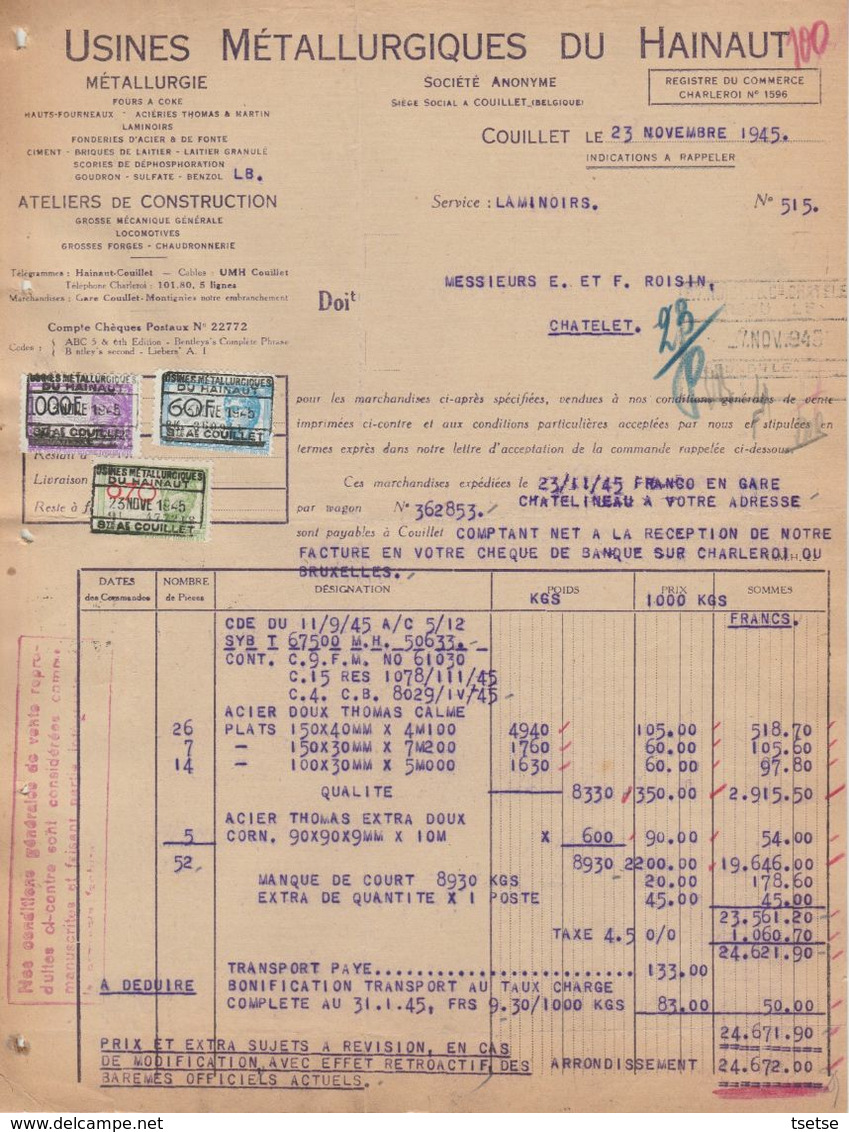 Facture - Usines Métallurgiques Du Hainaut - Fours à Coke - Couillet - 1945 - Ambachten