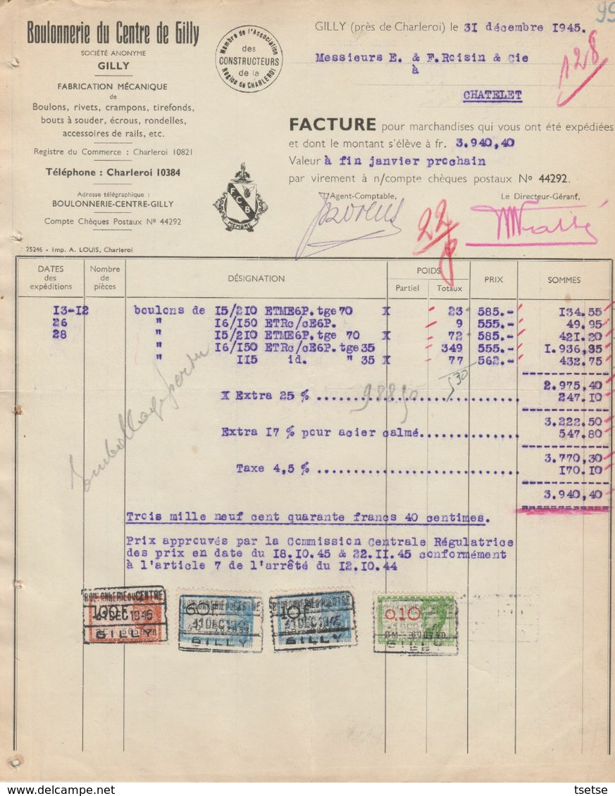 Facture - Boulonnerie Du Centre De Gilly - Fabrication Mécanique  - Gilly - 1945 - Ambachten