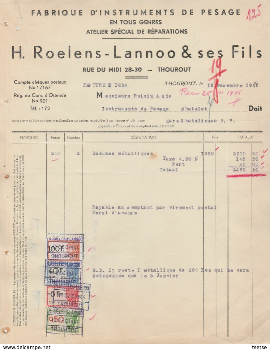 Facture - H. Roelens-Lannoo & Ses Fils - Fabrique D'Instruments De Pesage  - Thourout - 1945 - Petits Métiers