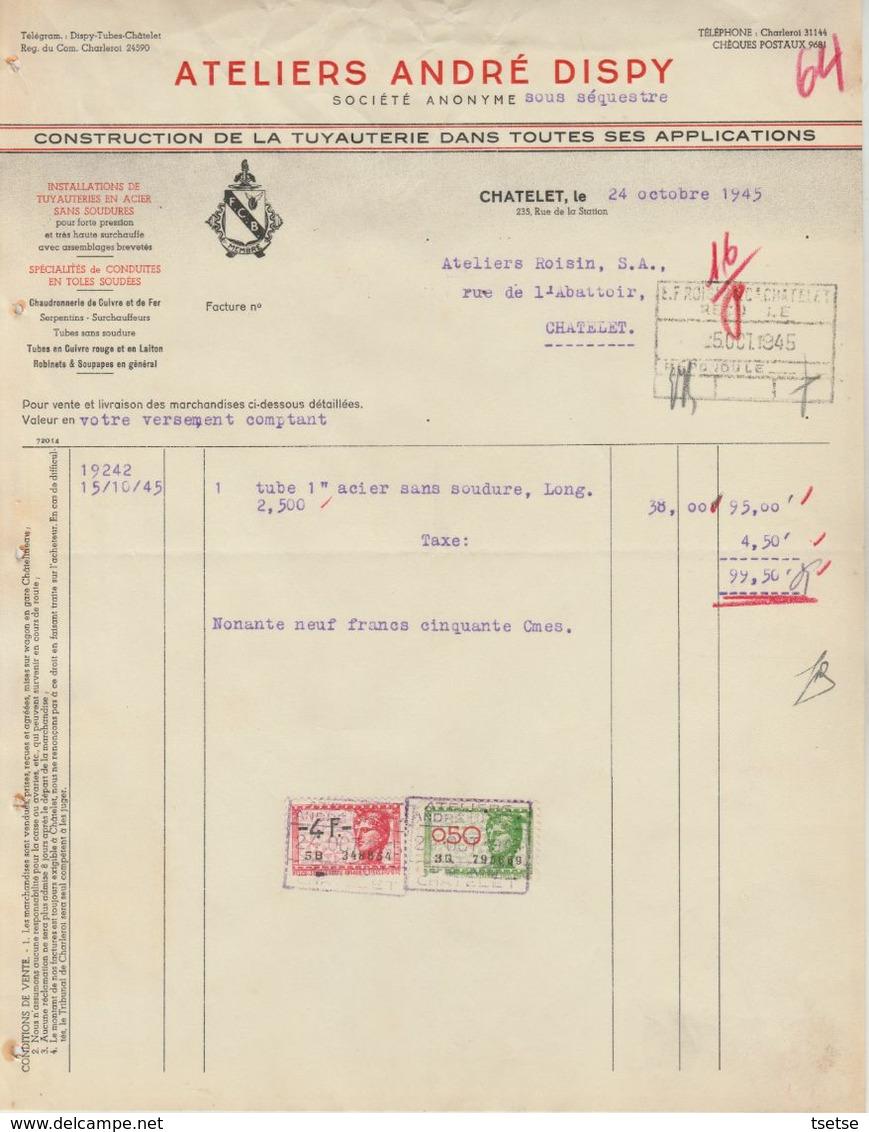 Facture - Ateliers André Dipsy - Construction / Tuyauterie  - Châtelet - 1945 - Ambachten