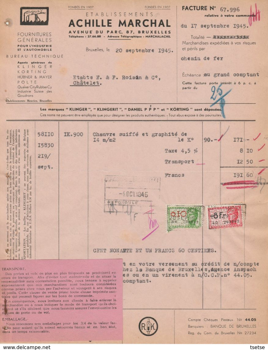 Facture - Etablissements Achille Marchal - Fourniture Générales Pour L'Automobile Et Industrie  - Bruxelles - 1945 - Ambachten