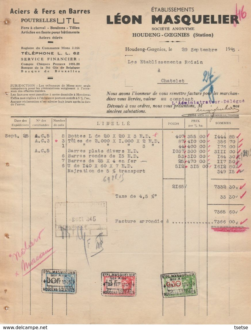 Facture - Etablissements Léon Masquelier - Acier & Fer En Barres  - Houdeng-Goegnies - 1945 - Artigianato