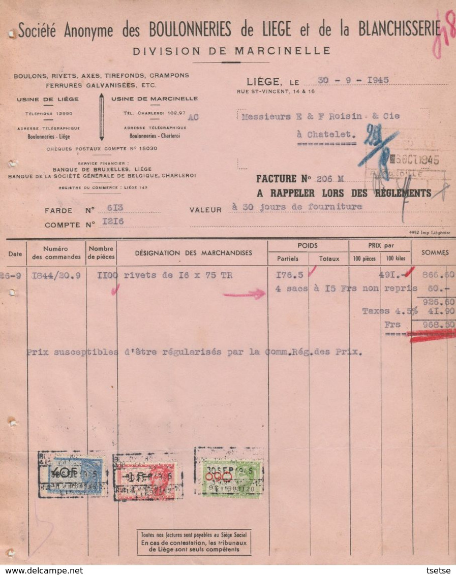 Facture - Société Anonymes De Boulonneries / Division Marcinelle  - Liège - 1945 - Petits Métiers