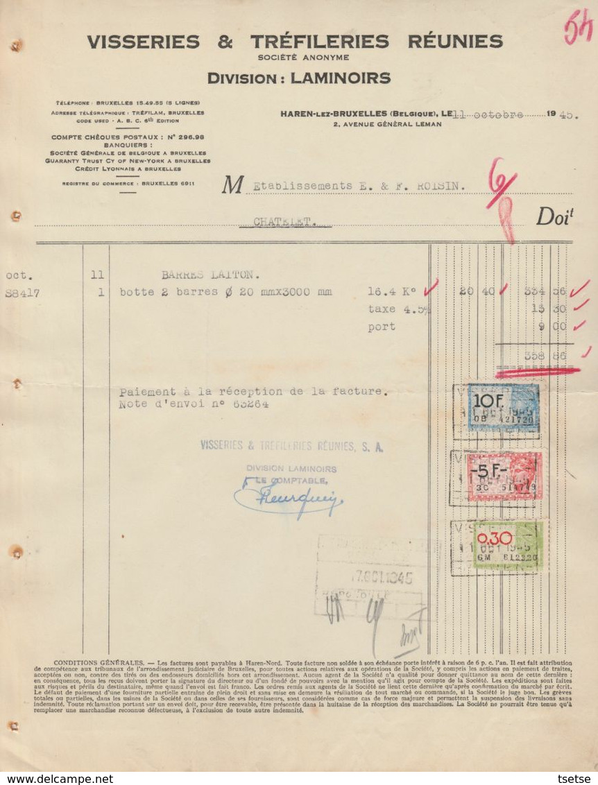 Facture - Visseries & Tréfileries Réunies / Divisions : Laminoirs  - Haren-les-Bruxelles - 1945 - Ambachten