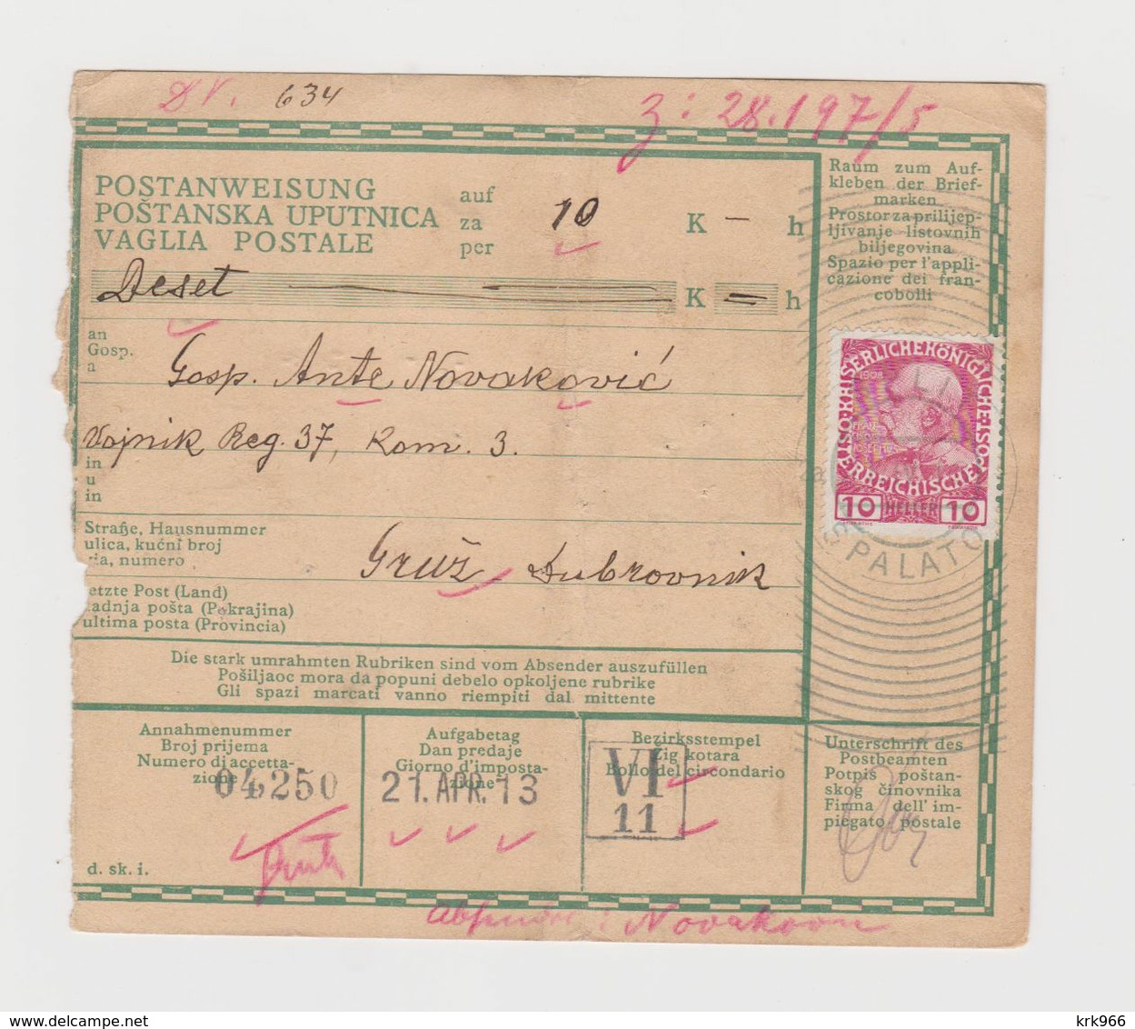 CROATIA, AUSTRIA 1913 SPLIT SPALATO Parcel Card - Croatia