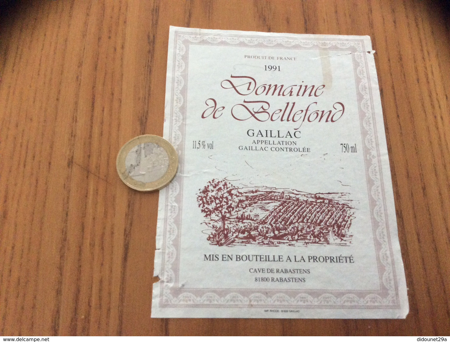 Etiquette De Vin 1991 «GAILLAC - Domaine De Bellefond - RABASTENS (81)» - Gaillac