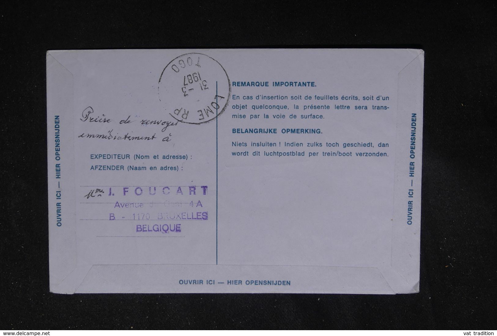 BELGIQUE - Aérogramme Par 1er Vol Bruxelles / Lome En 1987  - L 70361 - Aerogramas