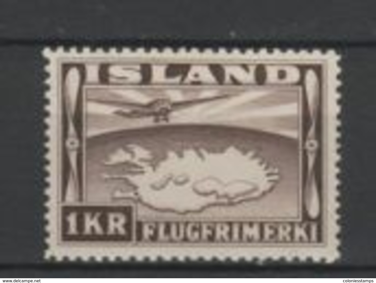 (SA0553) ICELAND, 1934 (Air Post. Plane Map Of Iceland, 1Kr., Dark Brown). Mi # 179B (perf. 12½:14). MNH** Stamp - Poste Aérienne