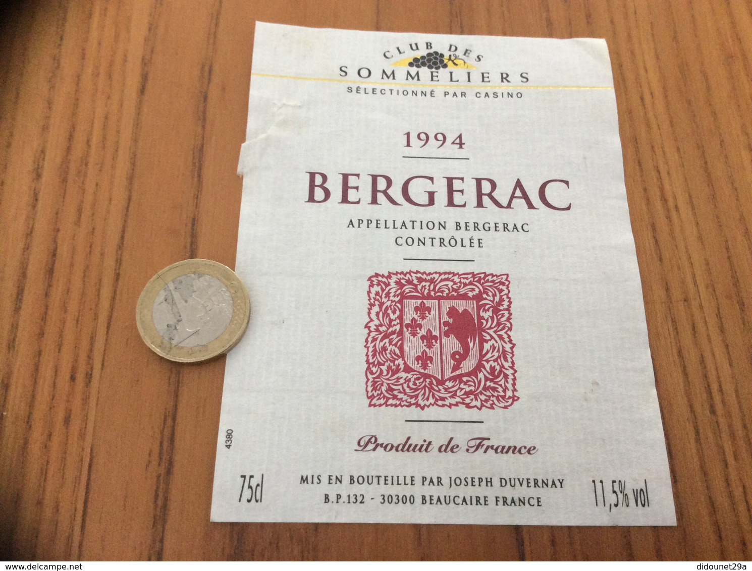 Etiquette Vin 1994 «BERGERAC - CLUB DES SOMMELIERS - JOSEPH DUVERNAY - BEAUCAIRE (30)» - Bergerac