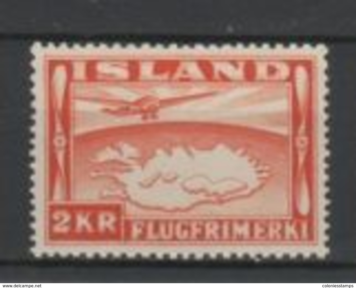 (SA0554) ICELAND, 1934 (Air Post. Plane Map Of Iceland, 2Kr., Red Orange). Mi # 180B (perf. 12½:14). MNH** Stamp - Poste Aérienne