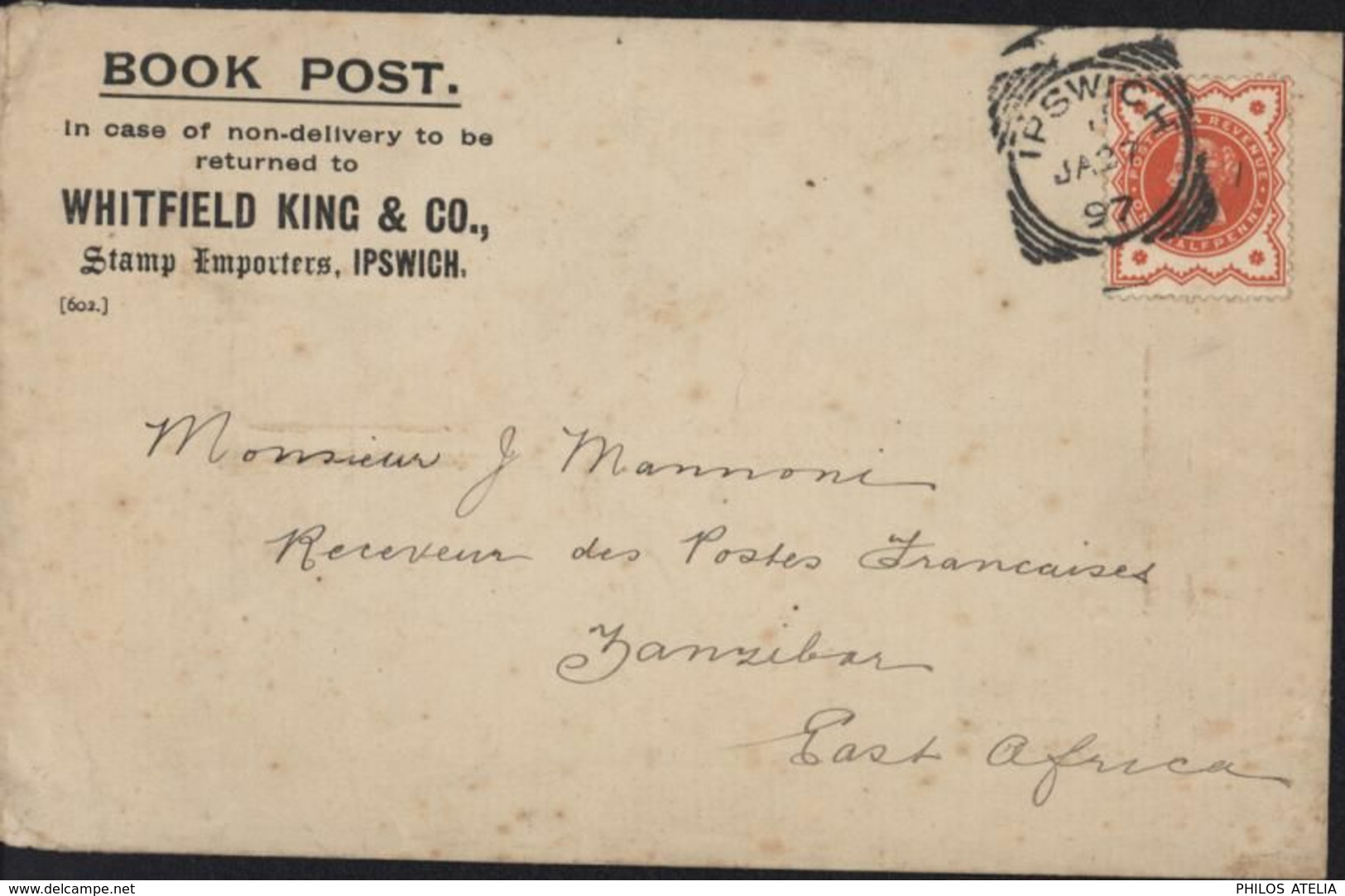 YT 91 Victoria  One Half P Rouge Dentelé CAD Squared Circle Ipswich 27 1 97 Pour Zanzibar De Withfiled King Stamp - Storia Postale