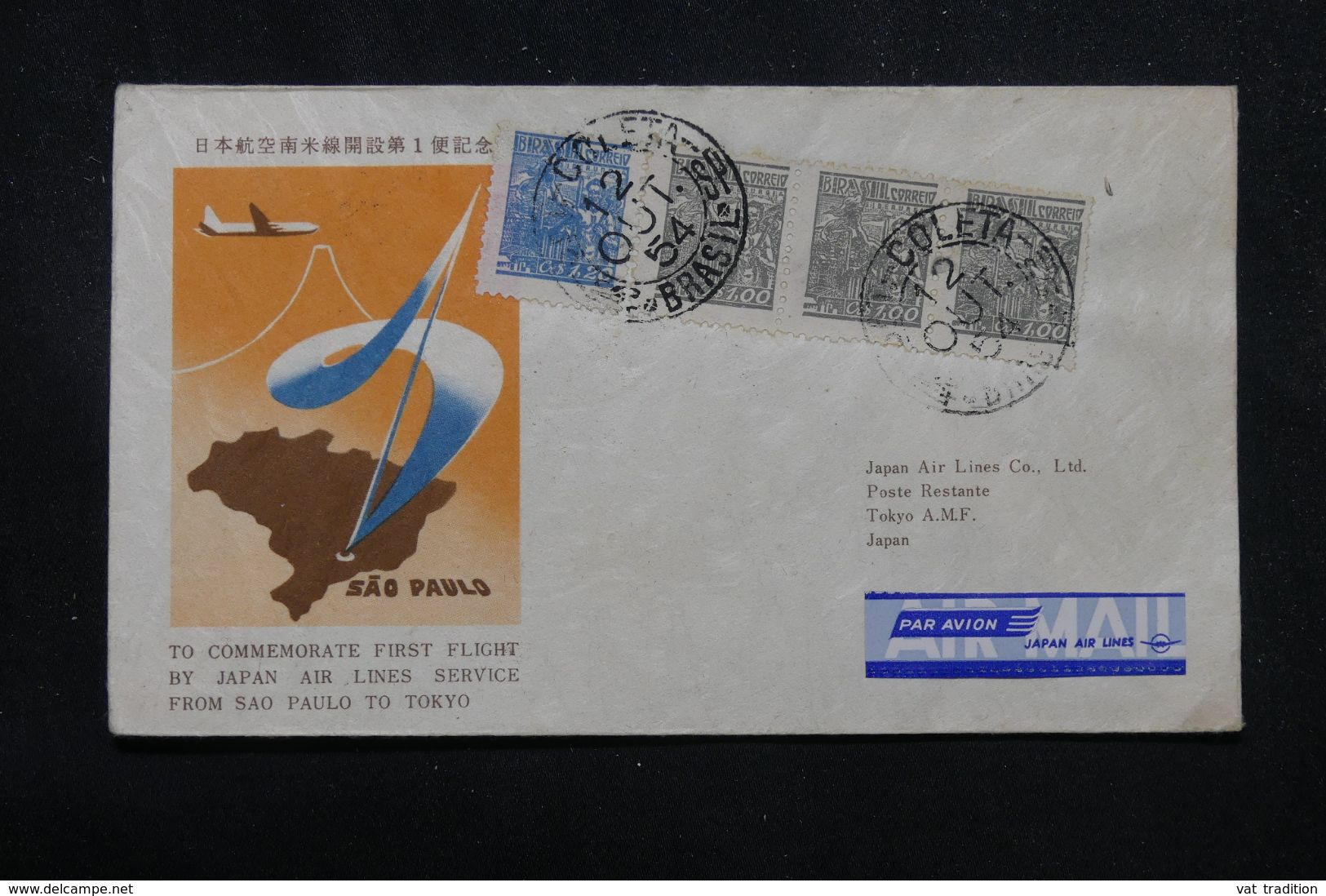 BRÉSIL - Enveloppe Commémorative Du 1er Vol  Sao Paulo / Tokyo En 1954  - L 70427 - Lettres & Documents