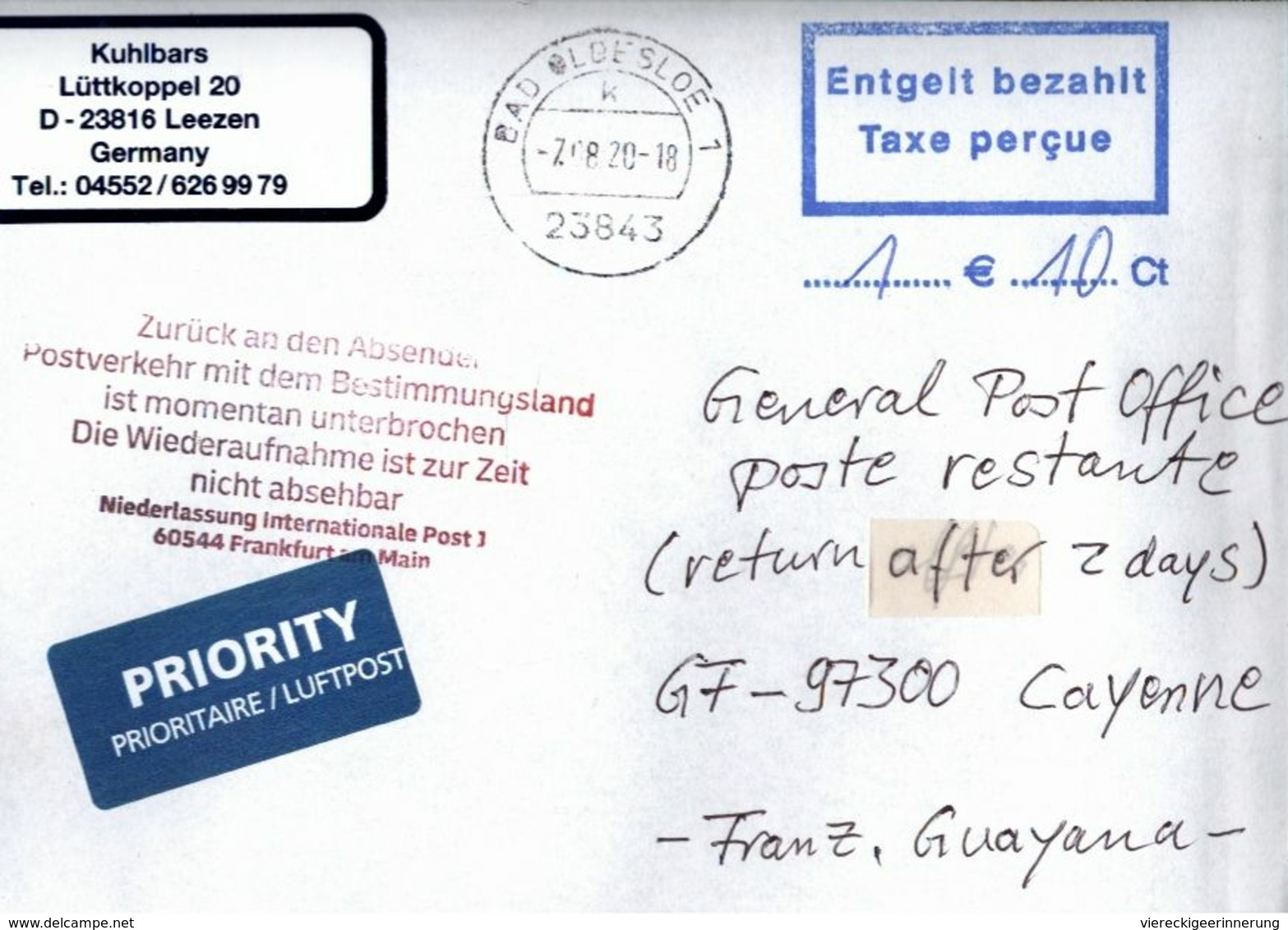 ! 2020 Germany Cover (7.8.) Cayenne Guayana, Airmail , Interruption Postal Service COVID-19, Antwortschein, Reply Coupon - Maladies