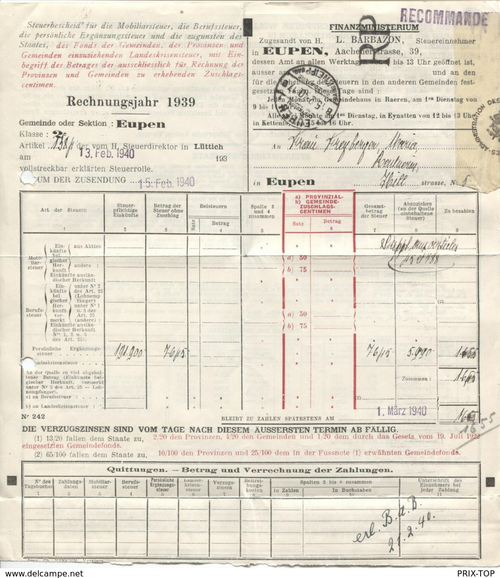 REF1717/ Lettre Recommandée Administrative Franchise (Finanzministerium) C.Eupen 15/2/40 > E/V - Franchise