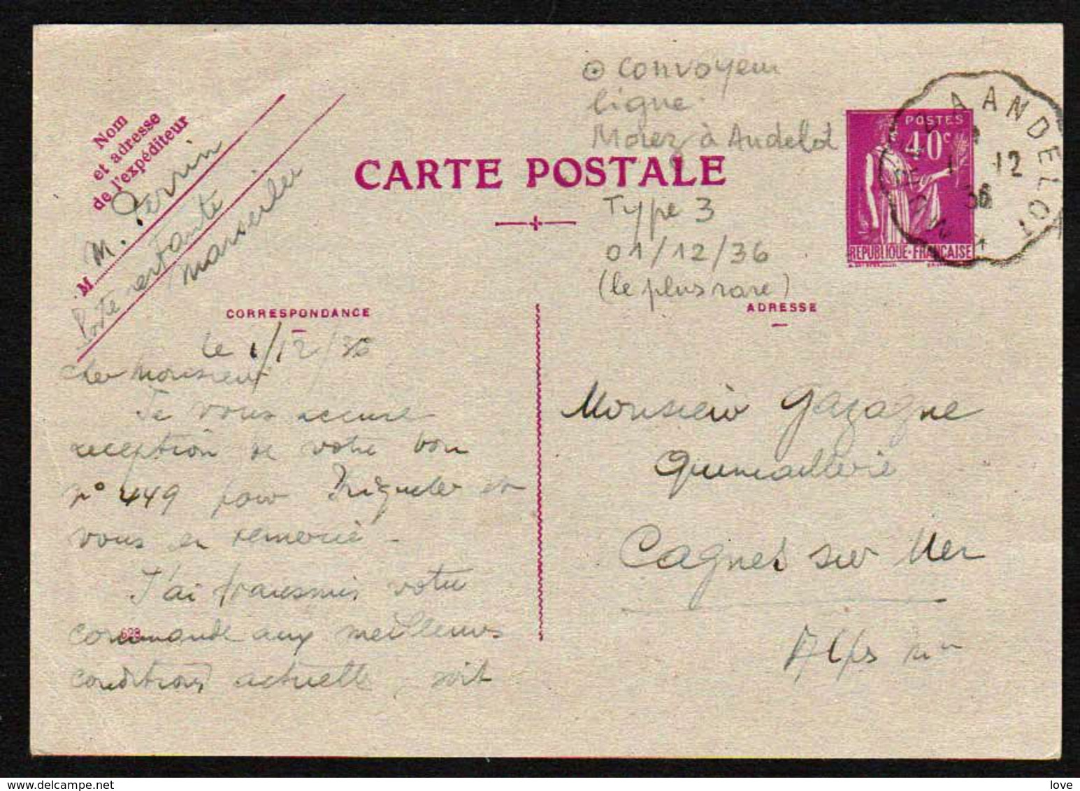 ENTIER POSTAL Type Paix 40c Obl En 1936 Sur Carte Postale: Cachet Convoyeur Ligne Morez à Anderlot Type 3 Le Plus RARE - Cards/T Return Covers