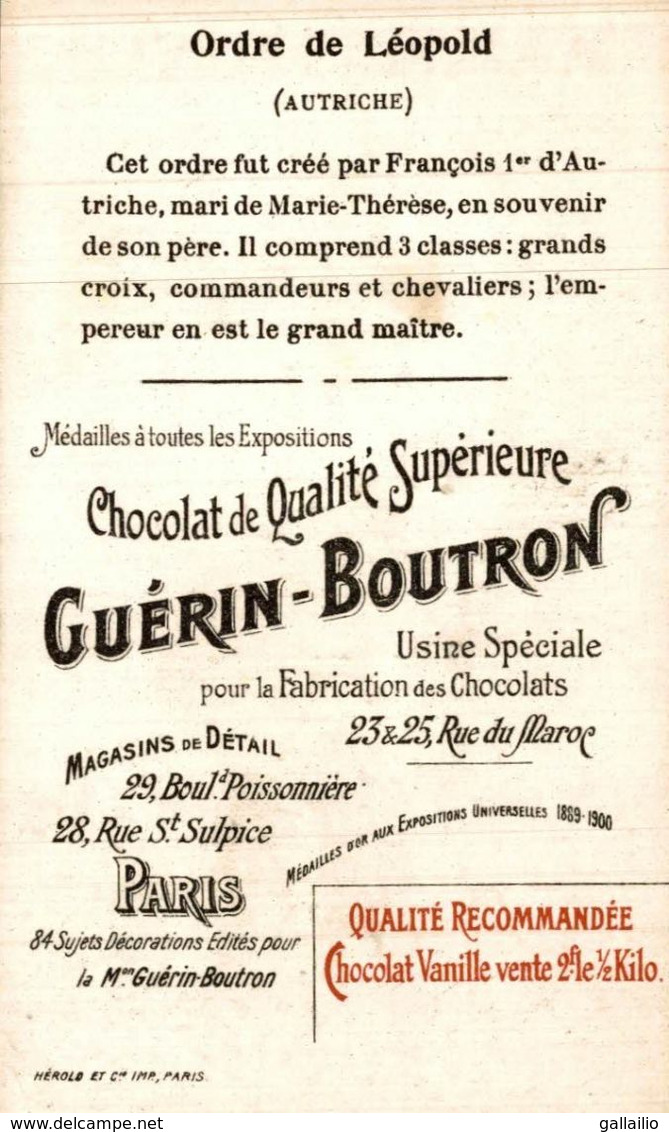 CHROMO CHOCOLAT GUERIN BOUTRON MEDAILLE ORDRE DE LEOPOLD AUTRICHE - Guerin Boutron