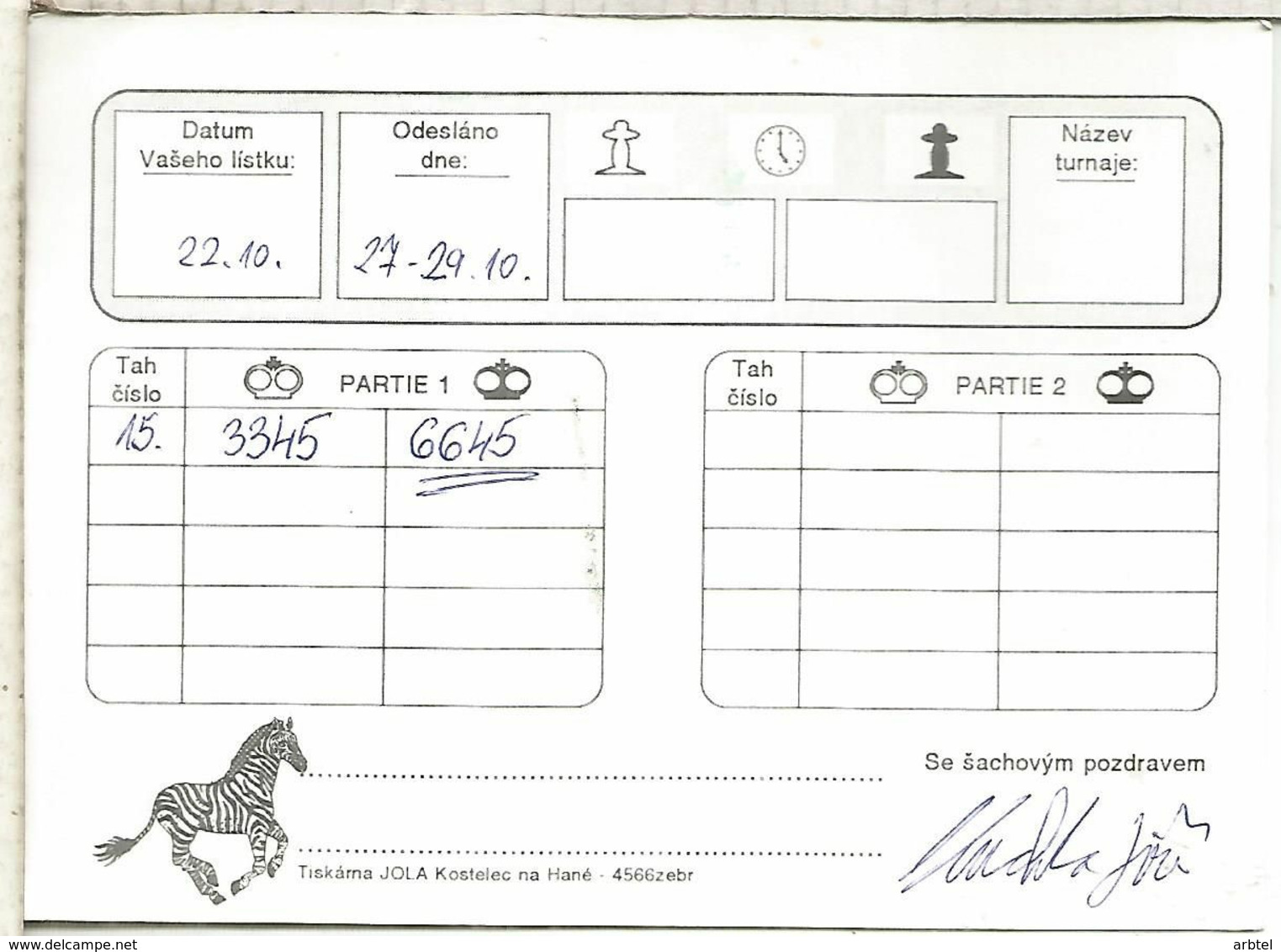 TARJETA AJEDREZ CHESS CARD REPUBLICA CHECA - Briefe U. Dokumente