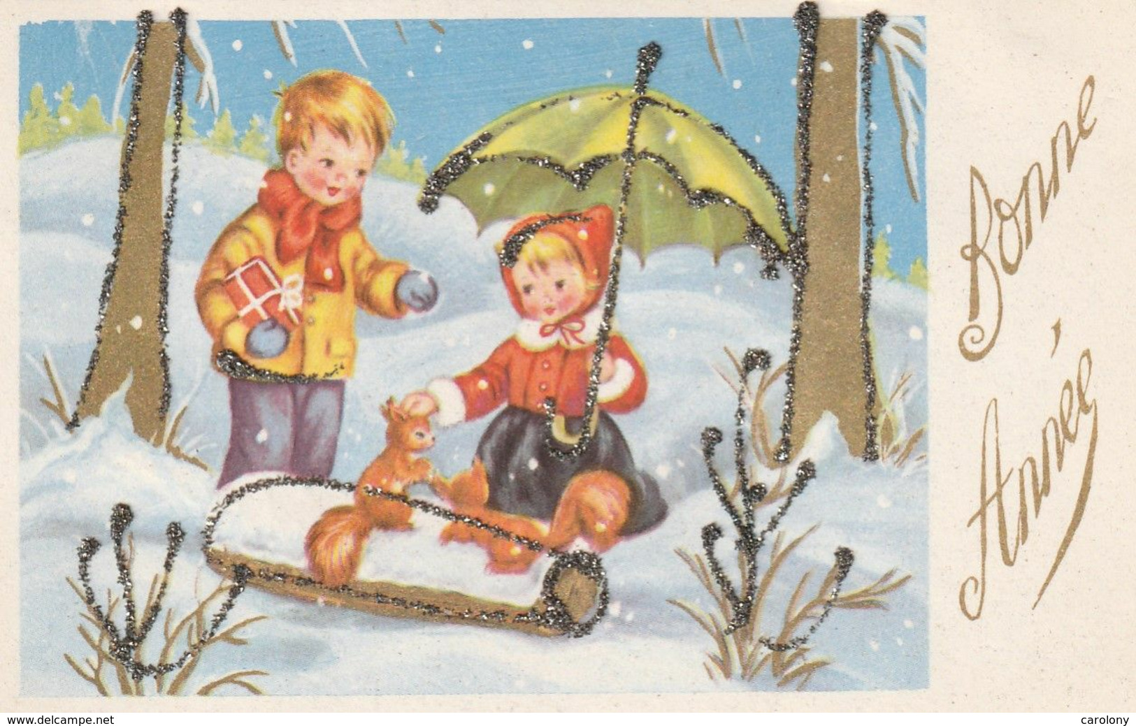 Mignonette Argentée  Bonne  Année  Enfants Sous La Neige, écureuils - Nieuwjaar