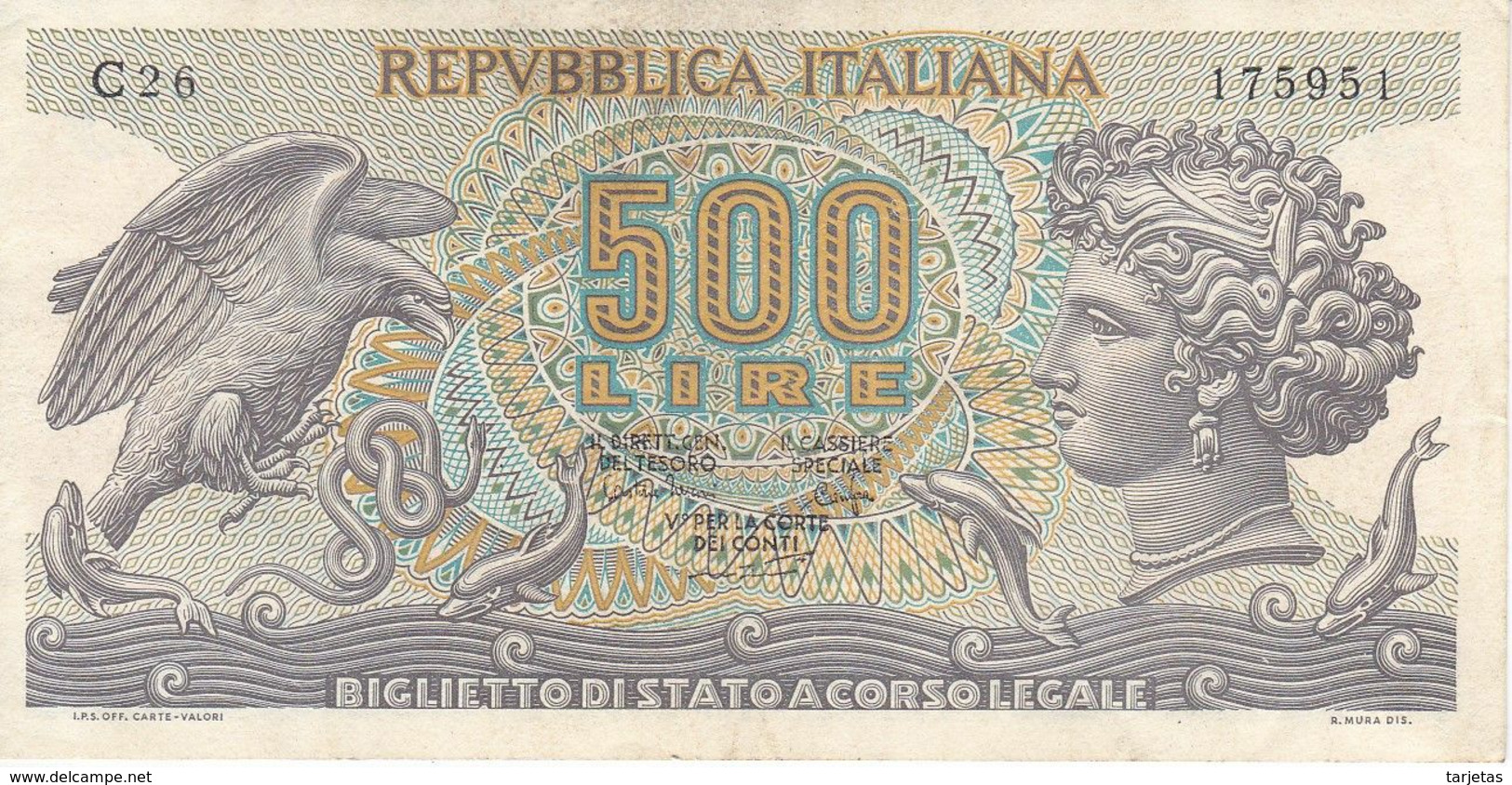 BILLETE DE ITALIA DE 500 LIRAS DEL AÑO 1975 - MEDUSA  (BANKNOTE) RARO - 500 Liras