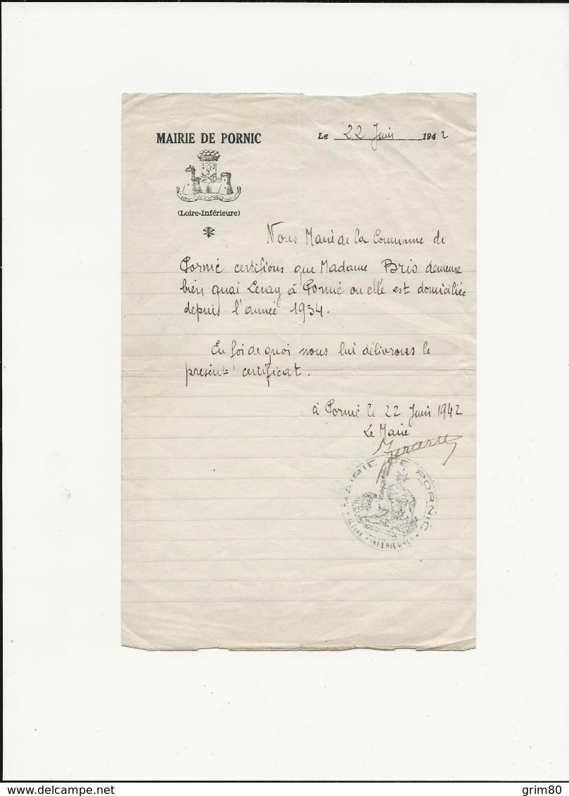 LETTRE  MAIRIE  DE  PORNIC  22 JUIN 1942 - Non Classés