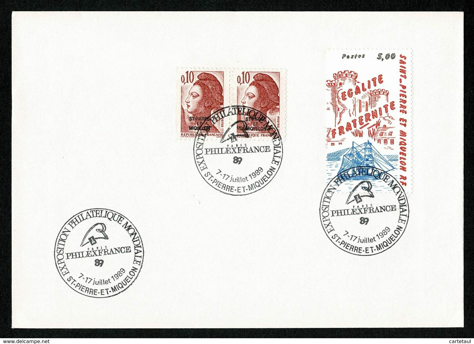 Cachet De SAINT PIERRE MIQUELON PHILEXFRANCE 89  Sur 5F Egalité Fraternité + Marianne Surcharge S/ Enveloppe TTB/SUP - Briefe U. Dokumente