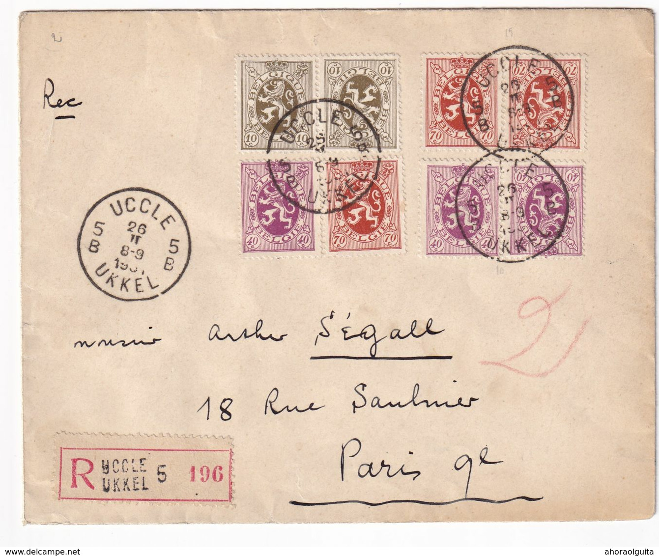 DDX 599 --- Timbres TETE-BECHE S/ Enveloppe Recommandée - 3 Paires TB4, TB7 Et TB10 UCCLE 5 Vers PARIS -TARIF EXACT 3F50 - Tête-bêche [KP] & Interpanneaux [KT]