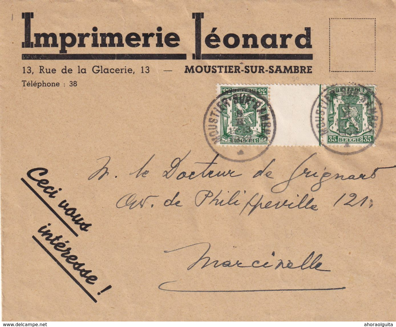 DDX 601 --- Timbres INTERPANNEAUX S/ Enveloppe - IN19 MOUSTIER Sur Sambre 1938 - Entete Imprimerie Léonard - Tête-bêche [KP] & Interpanneaux [KT]