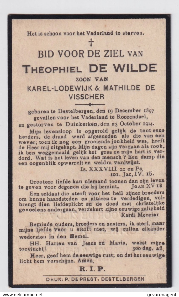 GEVALLEN ROOZENDAEL GESTORVEN DUINKERKEN 23 OKT 1914 - THEOPHIEL DE WILDE   DESTELBERGEN 1897   2 SCANS - Compromiso