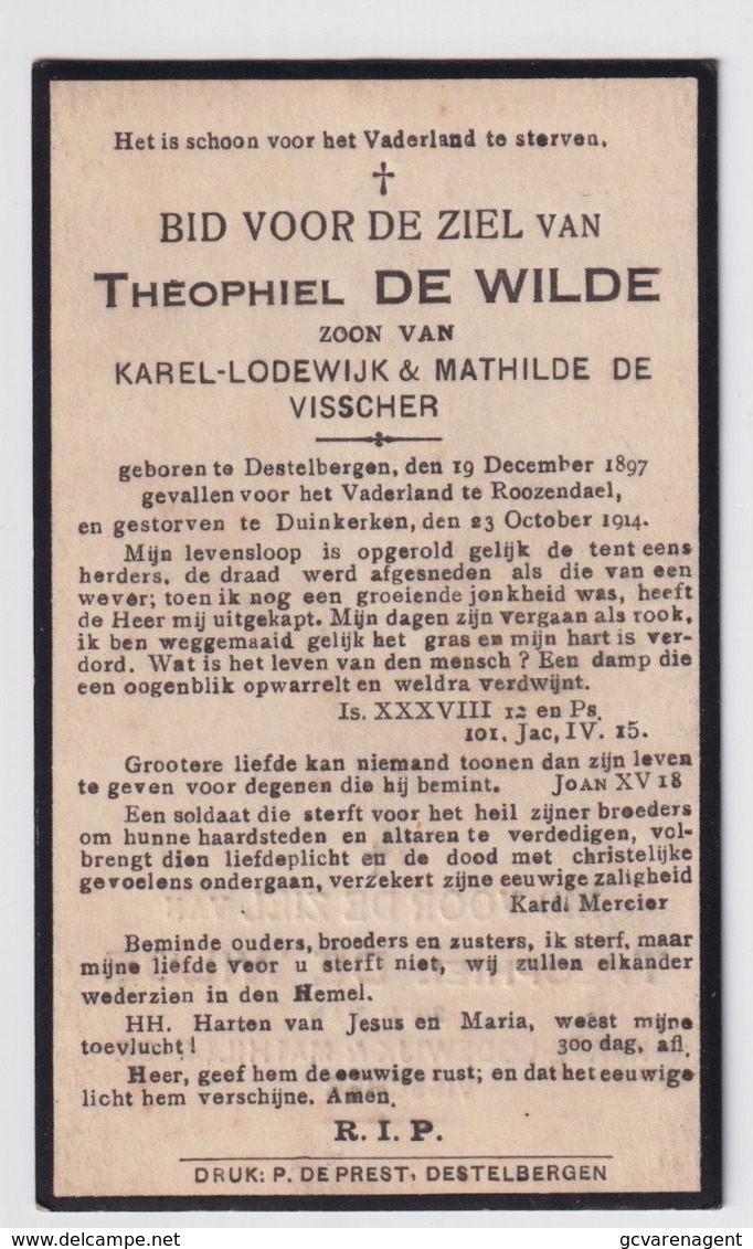 GEVALLEN ROOZENDAEL GESTORVEN DUINKERKEN 23 OKT 1914 - THEOPHIEL DE WILDE   DESTELBERGEN 1897   2 SCANS - Engagement