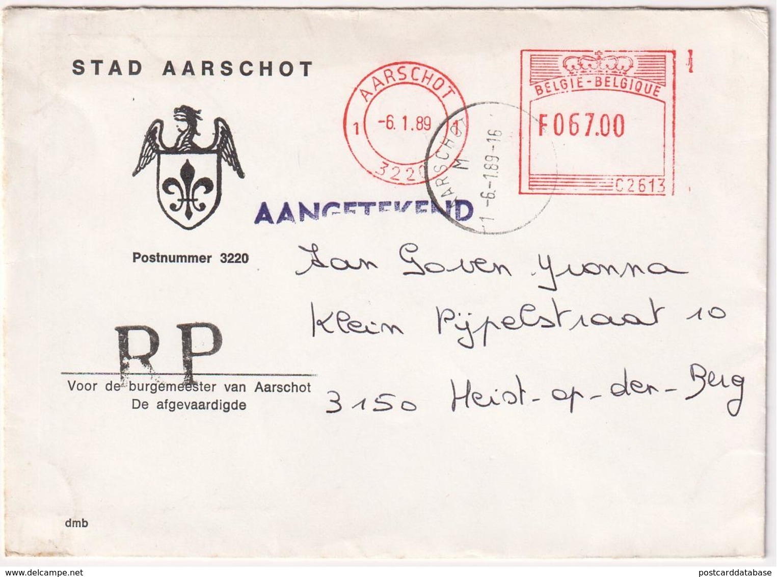 Stad Aarschot - Aangetekend - Registered Mail 1989 - 1980-1999
