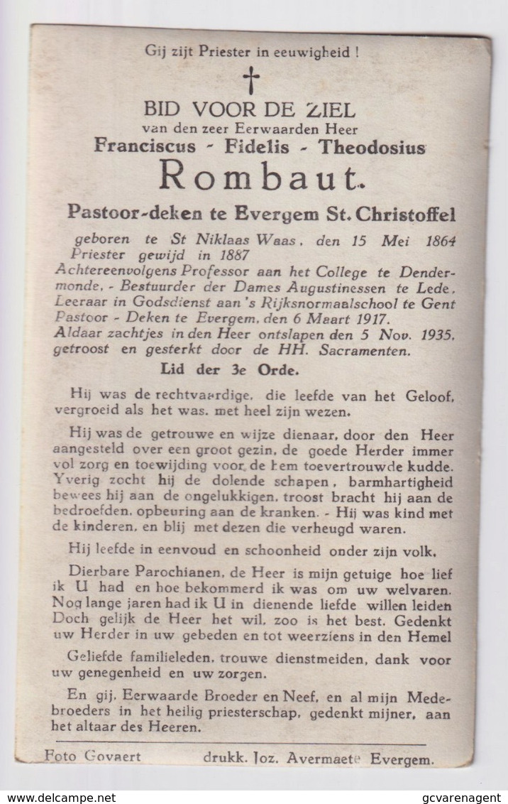 PASTOOR DEKEN EVERGEM ST.CHRISTOFFEL - FRANCISCUS ROMBAUT  ST NIKLAAS 1864   EVERGEM 1935     2 SCANS - Fiançailles