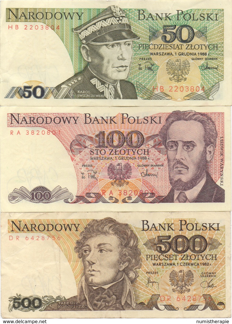 Pologne Poland : Série De 3 Billets : 50 (1988) + 100 (1988) + 500 (1982) Zlotych : TBE TBE BE - Poland