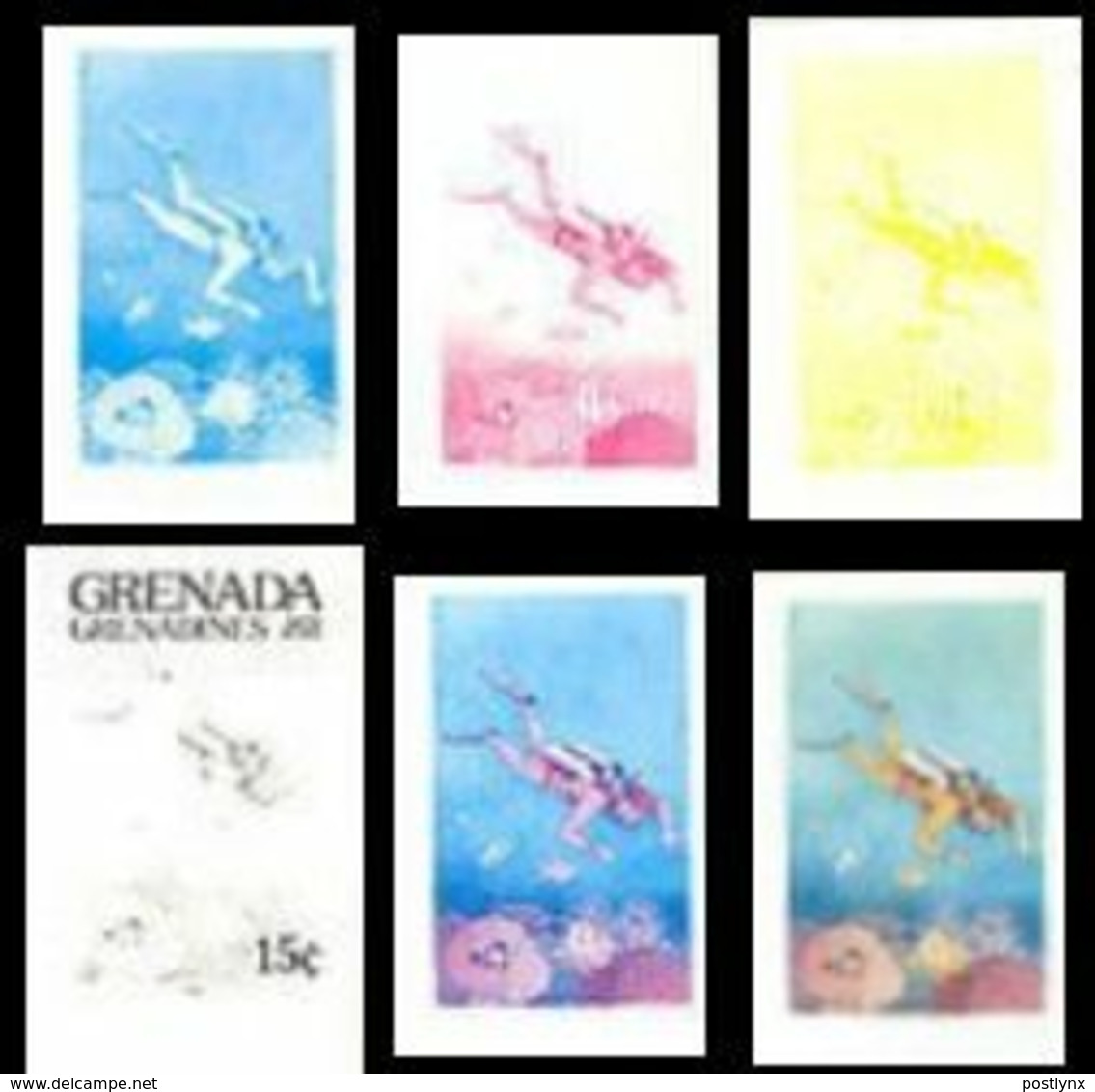 GRENADA GRENADINES 1985 Watersports Scuba 15c PROOFS:6 Items - Plongée