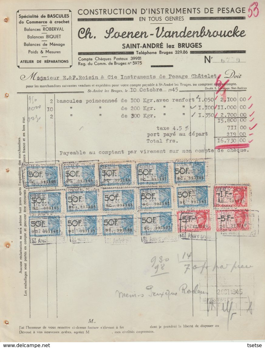 Facture - Ch. Soenen-Vandebroucke - Construction Instruments De Pesages  - Saint-André Les Bruges - 1945 - Straßenhandel Und Kleingewerbe