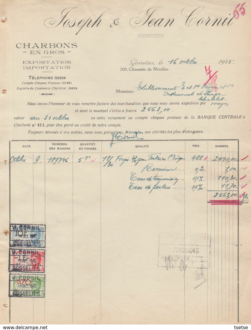 Facture - Joseph & Jean Cornil  - Charbons En Gros  - Gosselies - 1945 - Straßenhandel Und Kleingewerbe