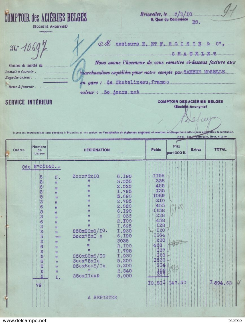 Facture - Comptoir Des Aciéries Belges  - Bruxelles - 1910 - Straßenhandel Und Kleingewerbe