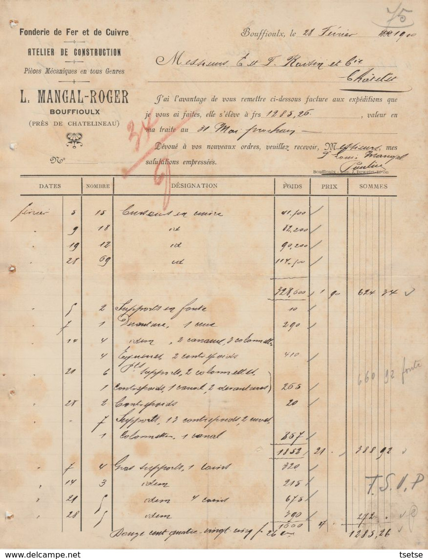 Facture - Mengal Roger - Fonderie De Fer Et De Cuivre  - Bouffioulx - 1910 - Straßenhandel Und Kleingewerbe