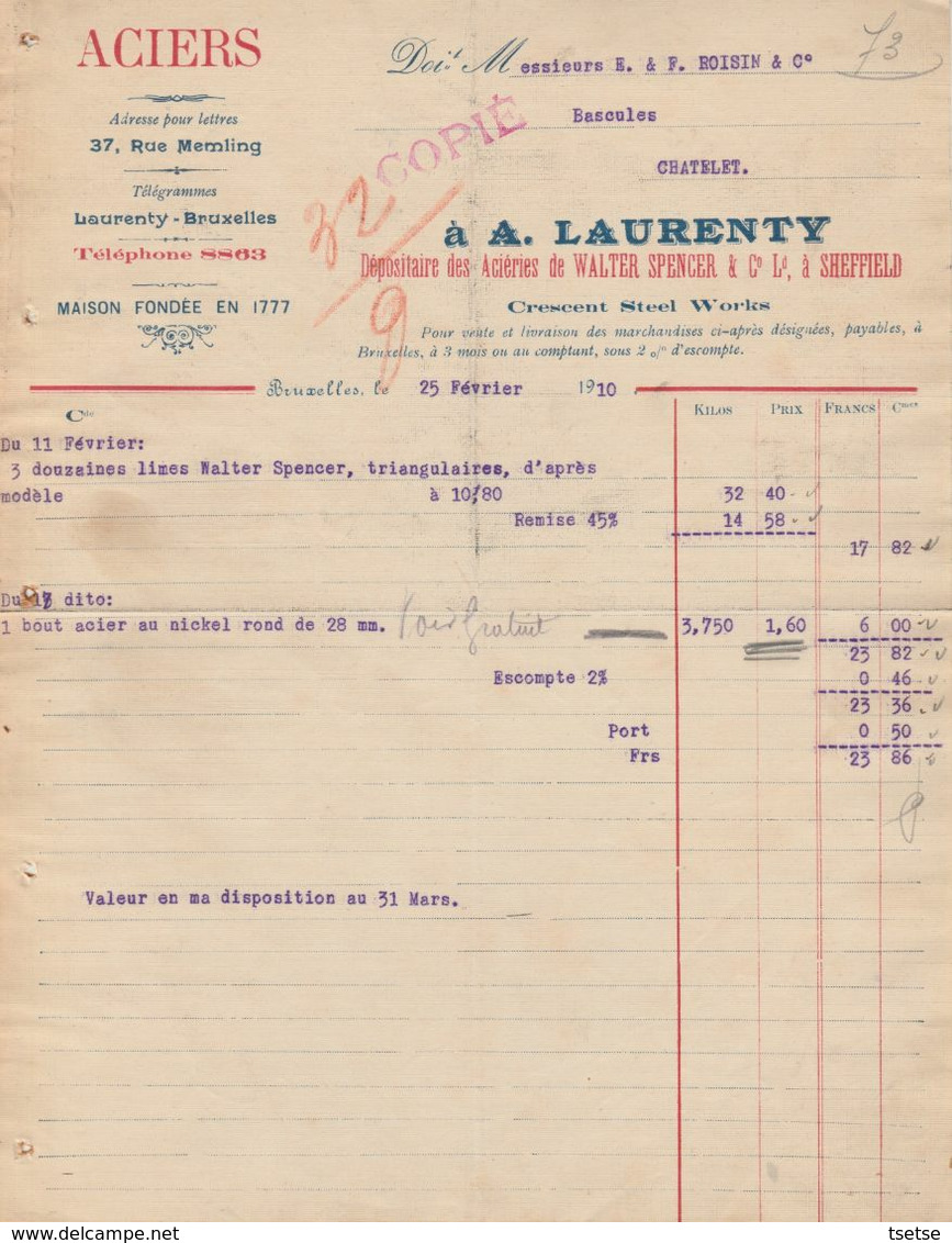 Facture - A. Laurenty , Aciéries Walter Spencer & C° Ld à Sheffield - Bruxelles - 1910 - Petits Métiers