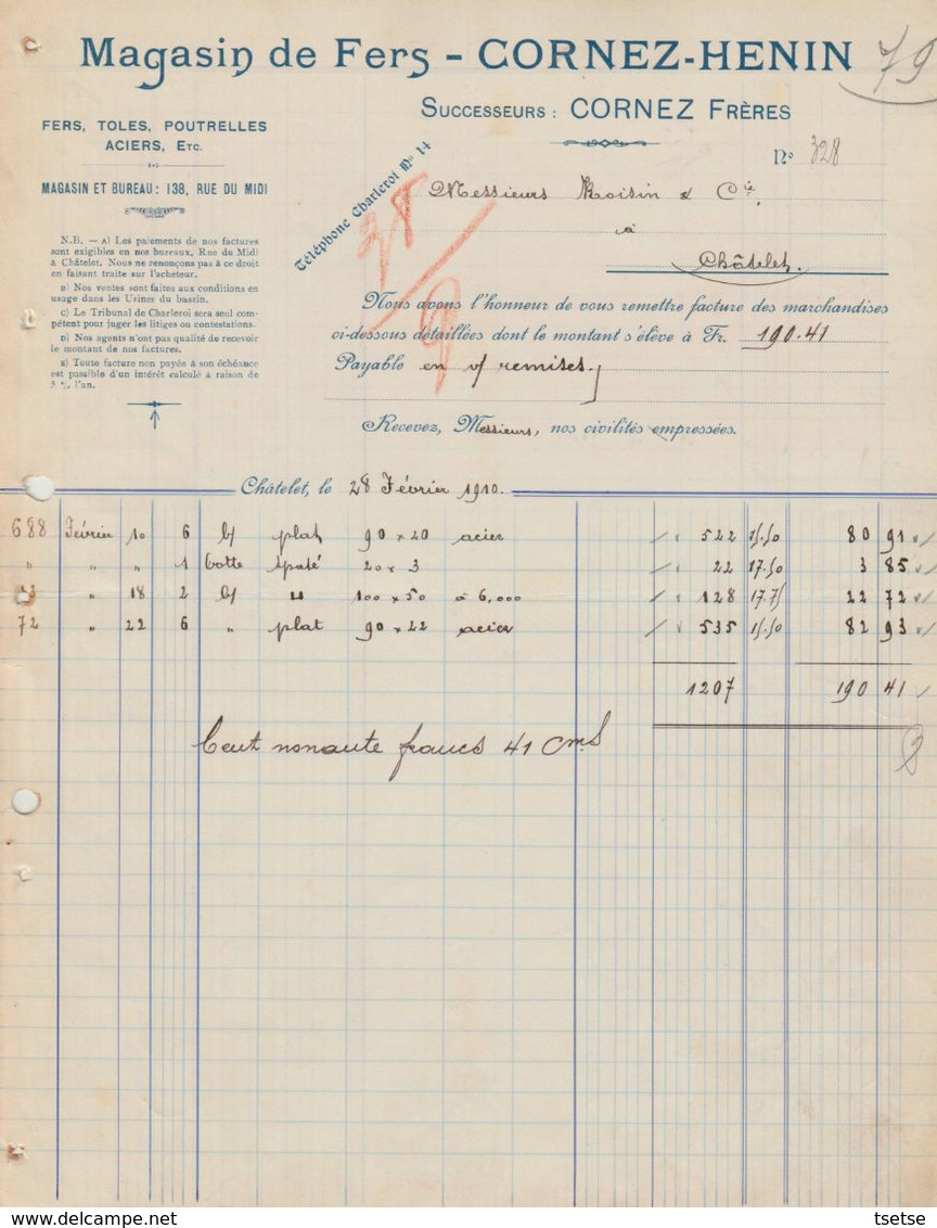 Facture - Cornez-Henin - Magasin De Fers - Châtelet - 1941 - Straßenhandel Und Kleingewerbe