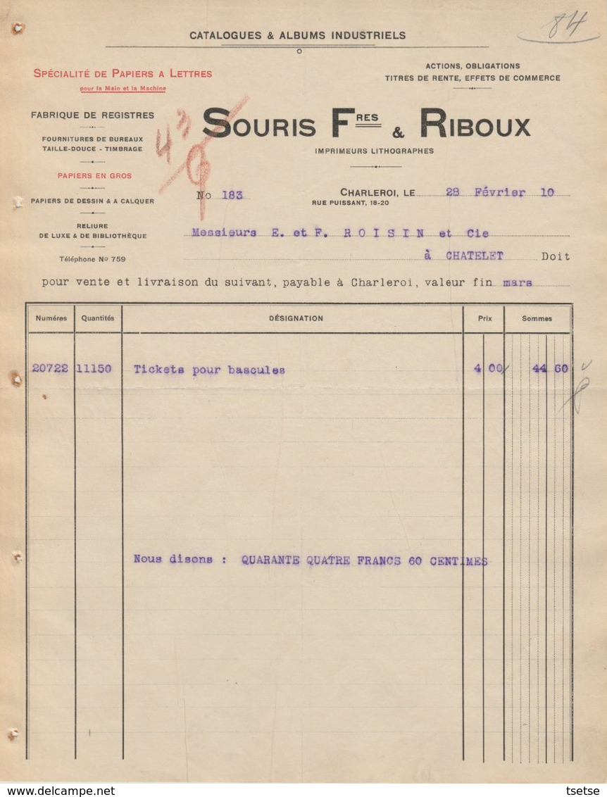Facture - Souris Frères & Riboux - Spécialiste Du Papier - Charleroi - 1910 - Straßenhandel Und Kleingewerbe