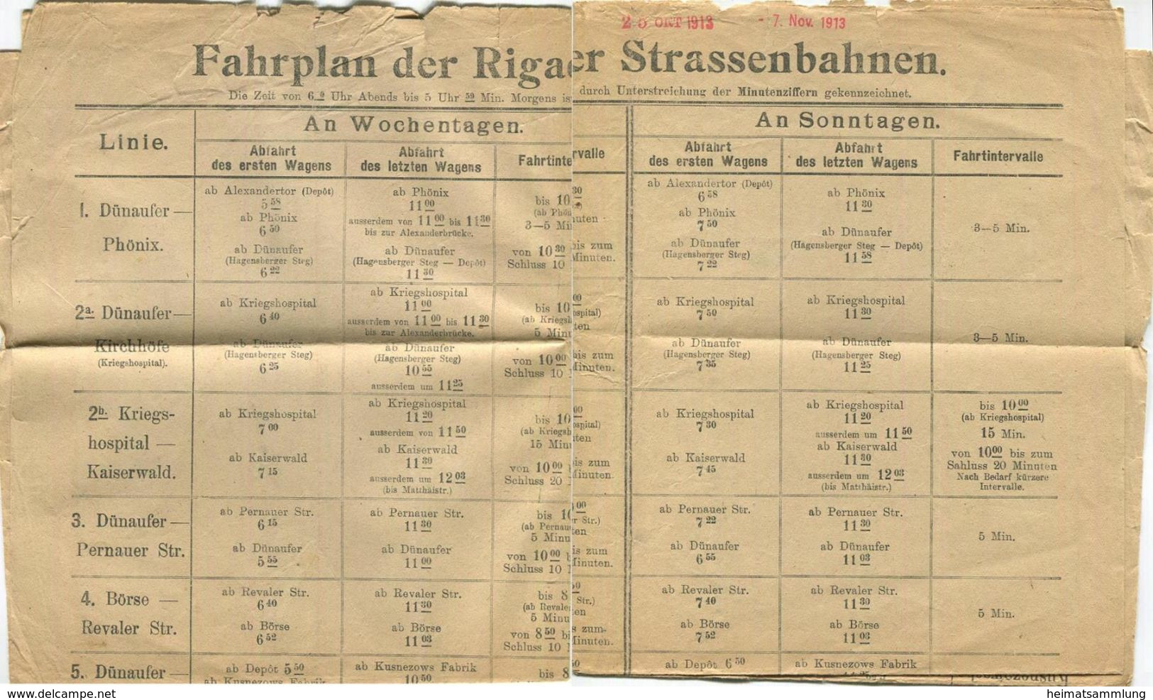 Lettland - Riga - Fahrplan Der Rigaer Strassenbahnen 1-9 - 25. Okt 1913 - 7. Nov. 1913 - Europe