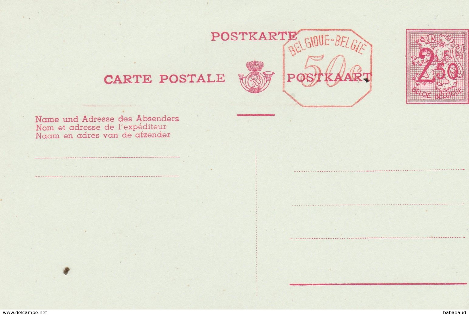 Belgium, Postal Card 2F50 + 50c,  , Unused - Cartoline 1951-..