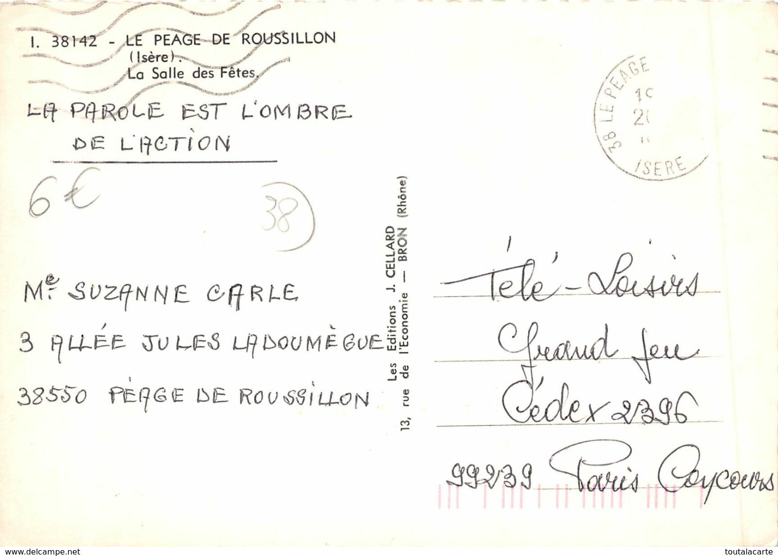 CPSM 38  LE PEAGE DE ROUSSILLON  LA SALLE DES FETES   Grand Format  15 X 10,5 Cm - Roussillon