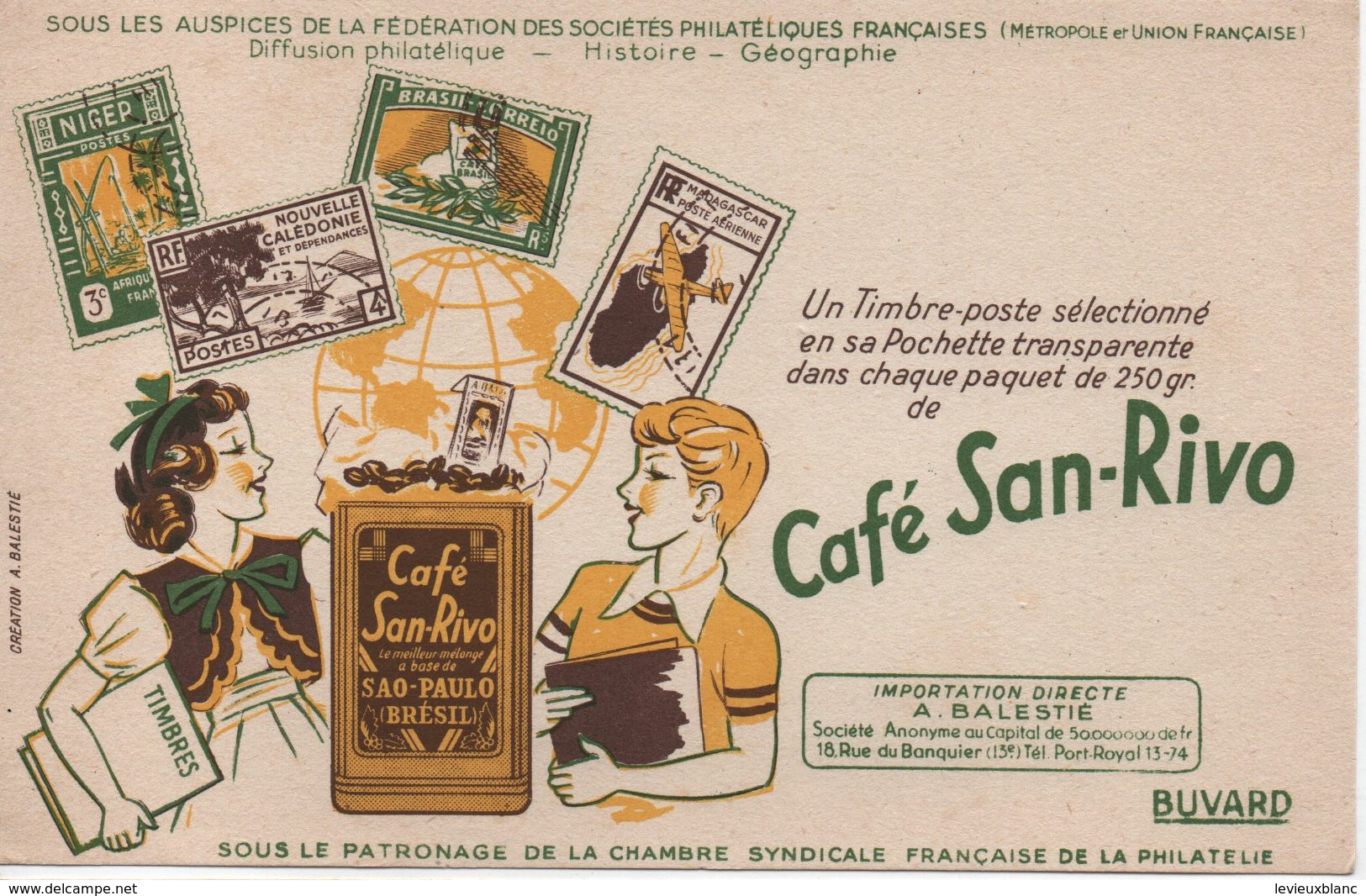Buvard Publicitaire Ancien/Café/Café SAN-RIVO/Sociétés Philatéliques Françaises/Balestié/PARIS/Vers 1950-60 BUV502 - Café & Thé