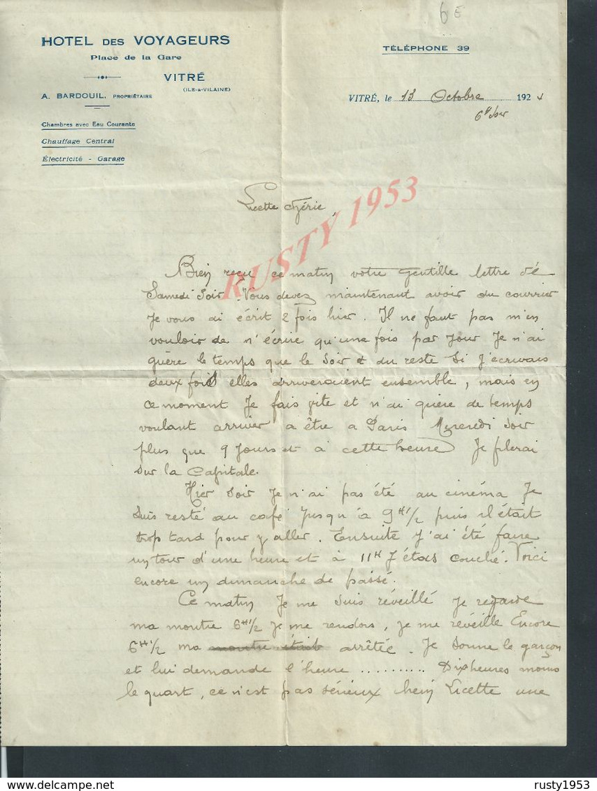 LETTRE COMMERCIALE DE ? HÔTEL DES VOYAGEURS A BARDOUIL À VITRÉ : - 1900 – 1949