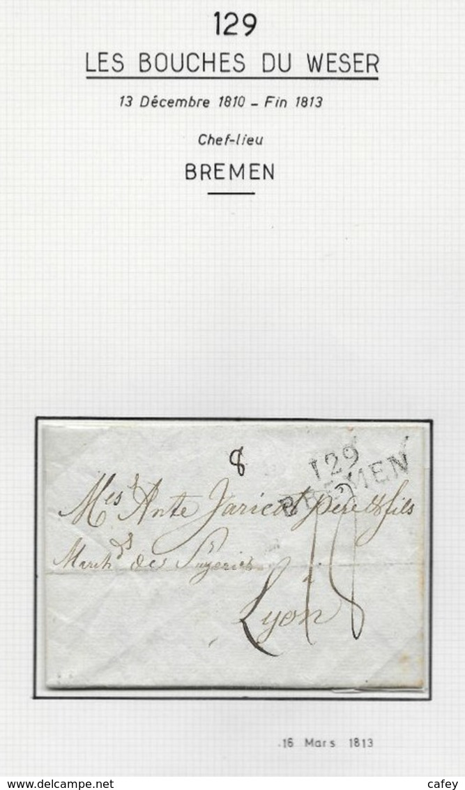 Département Conquis LES BOUCHES DU WESER Marque Postale 129 / BREMEN 37mm Mars 1813 - 1792-1815: Conquered Departments