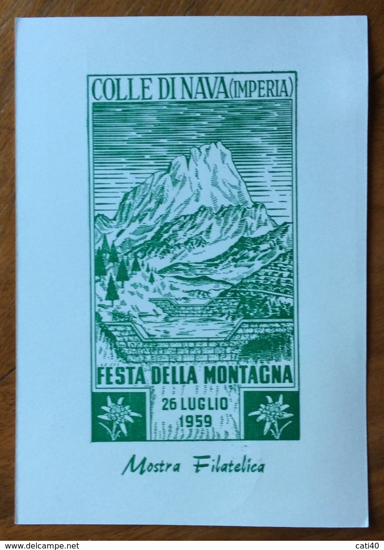 COLLE DI NAVA -IMPERIA POSTA CON ELICOTTERO 25/7/59 - CARTOLINA FESTA DELLA MONTAGNA + PRAMPOLINI + ANNULLO + ERINNOFILO - Maritime