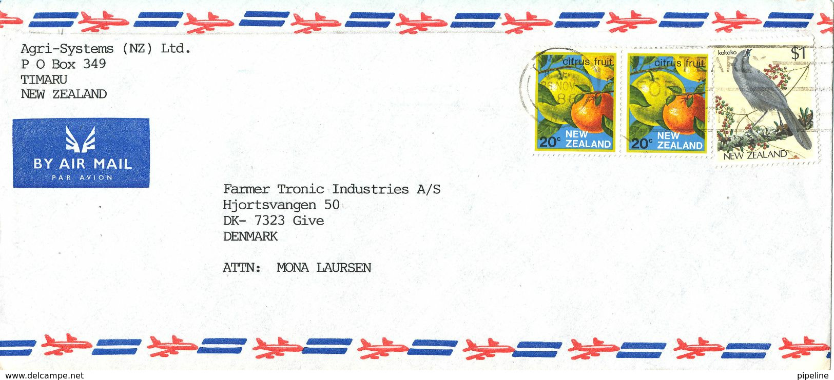 New Zealand Air Mail Cover Sent To Denmark 26-11-1986 BIRDS And FRUITS - Corréo Aéreo