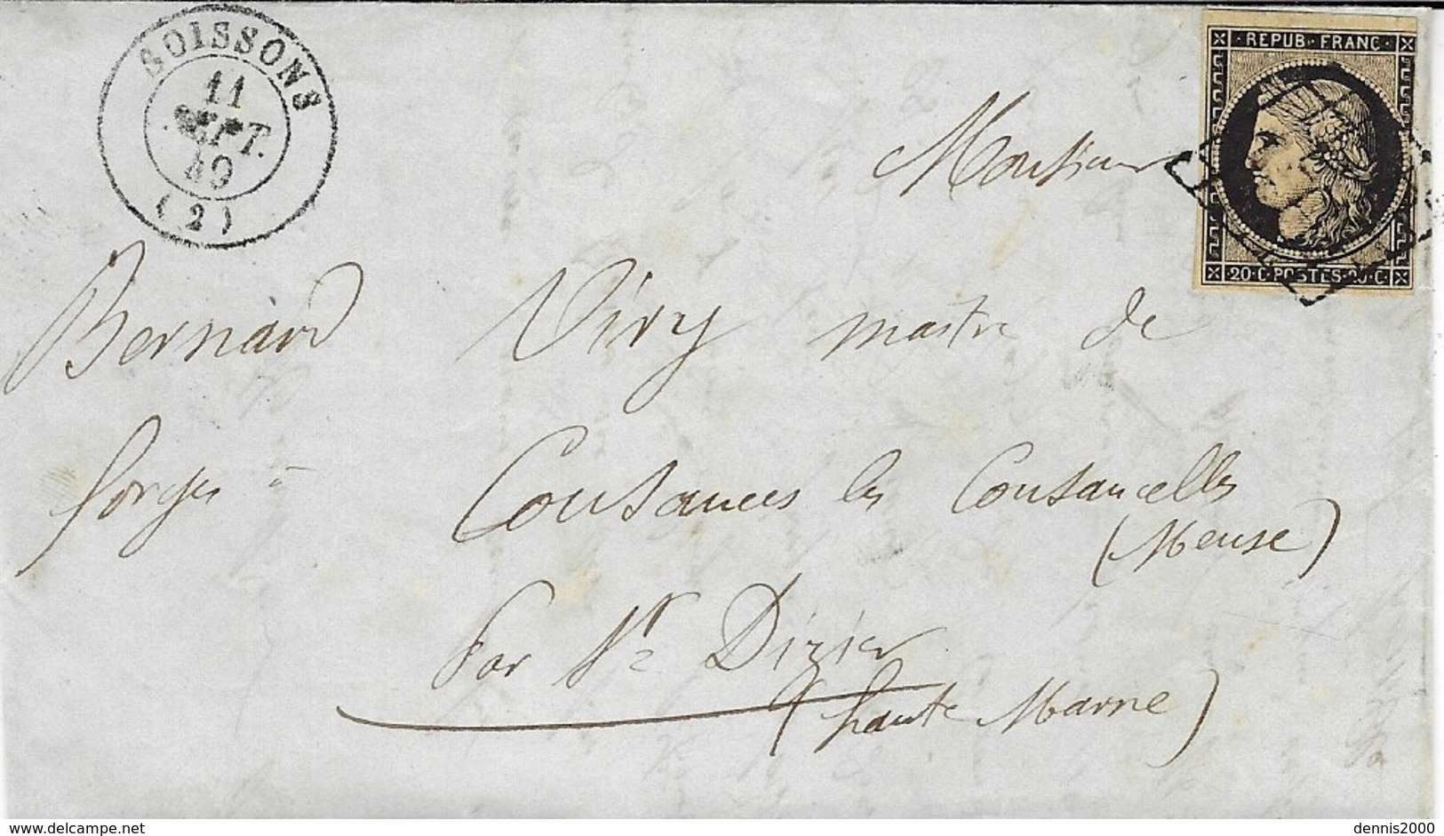 1849-lettre De Soissons ( Aisne ) Cad T15 Affr. N°3 ( 3 Marges -court à Droite ) - 1849-1876: Période Classique